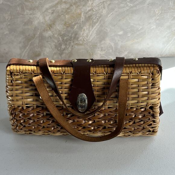 Vintage Wicker Handbag Leather Double Strap Twist Lock Brown Woven Hong Kong - Picture 9 of 13